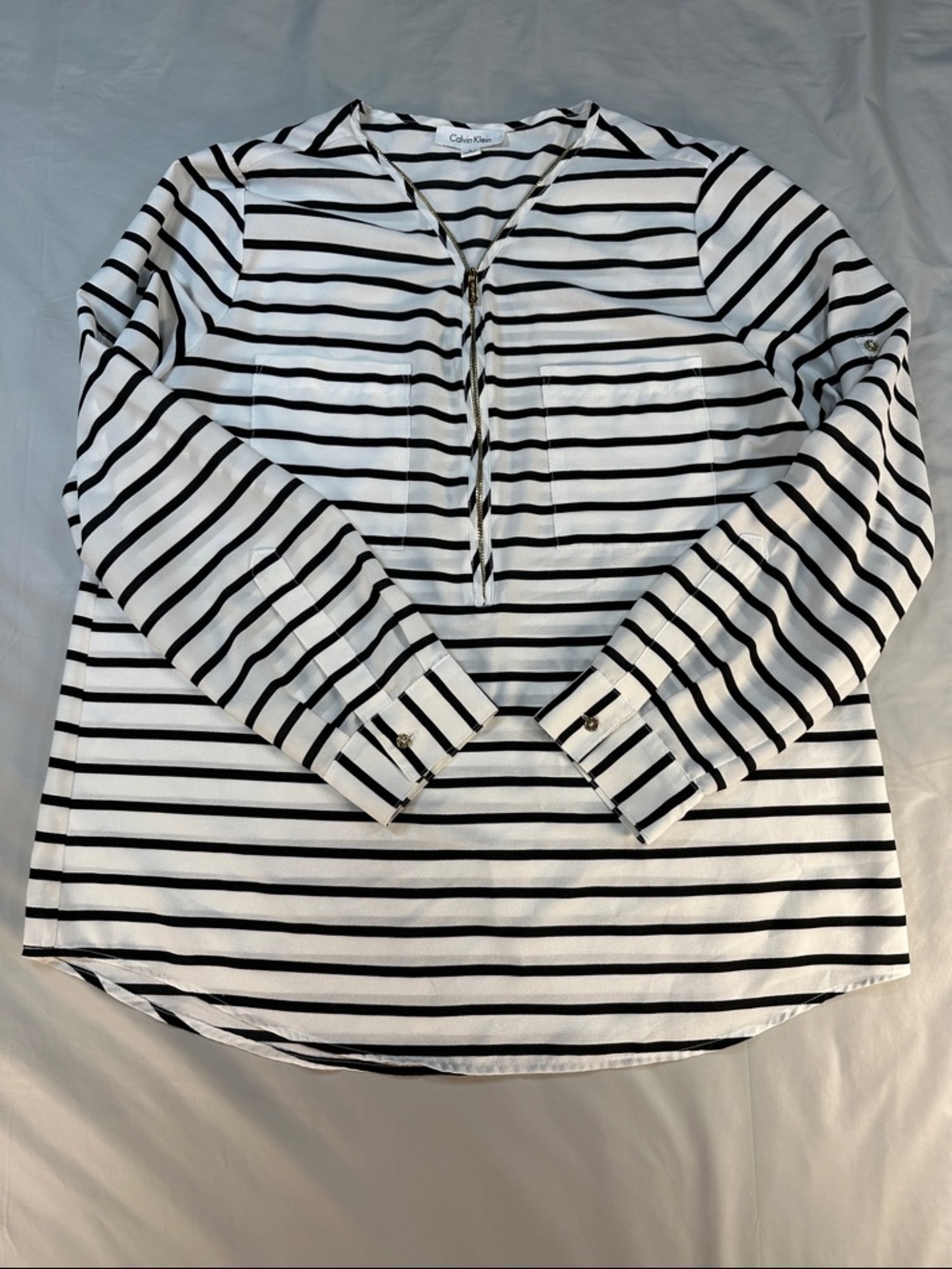 Calvin Klein White and Black Striped Long Sleeve Pullover